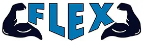 A blue and white logo of the word flex.