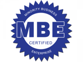 A blue and white badge with the word mbe certified.